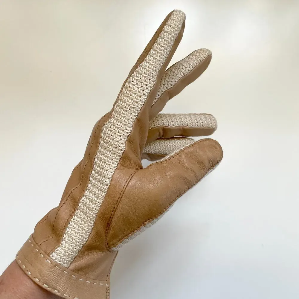 Vintage 70s Driving Gloves Leather Knit M Tan Old Money Quiet Luxury Academia